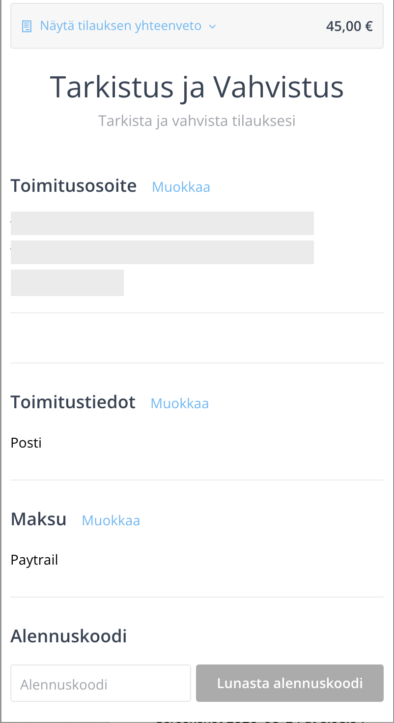 Kassanäkymän viimeinen näkymä mobiilissa, jossa näkyy alennuskoodi.